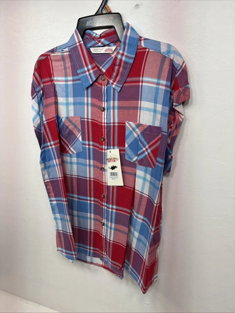 New Women’s Cumberland Red Blue Plaid short Sleeve Button Up Medium LL-51