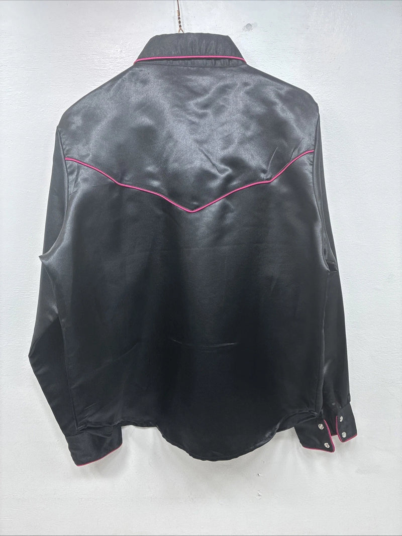 New Women’s Cumberland Black Floral Long Sleeve Pearl Snap Large KK-88