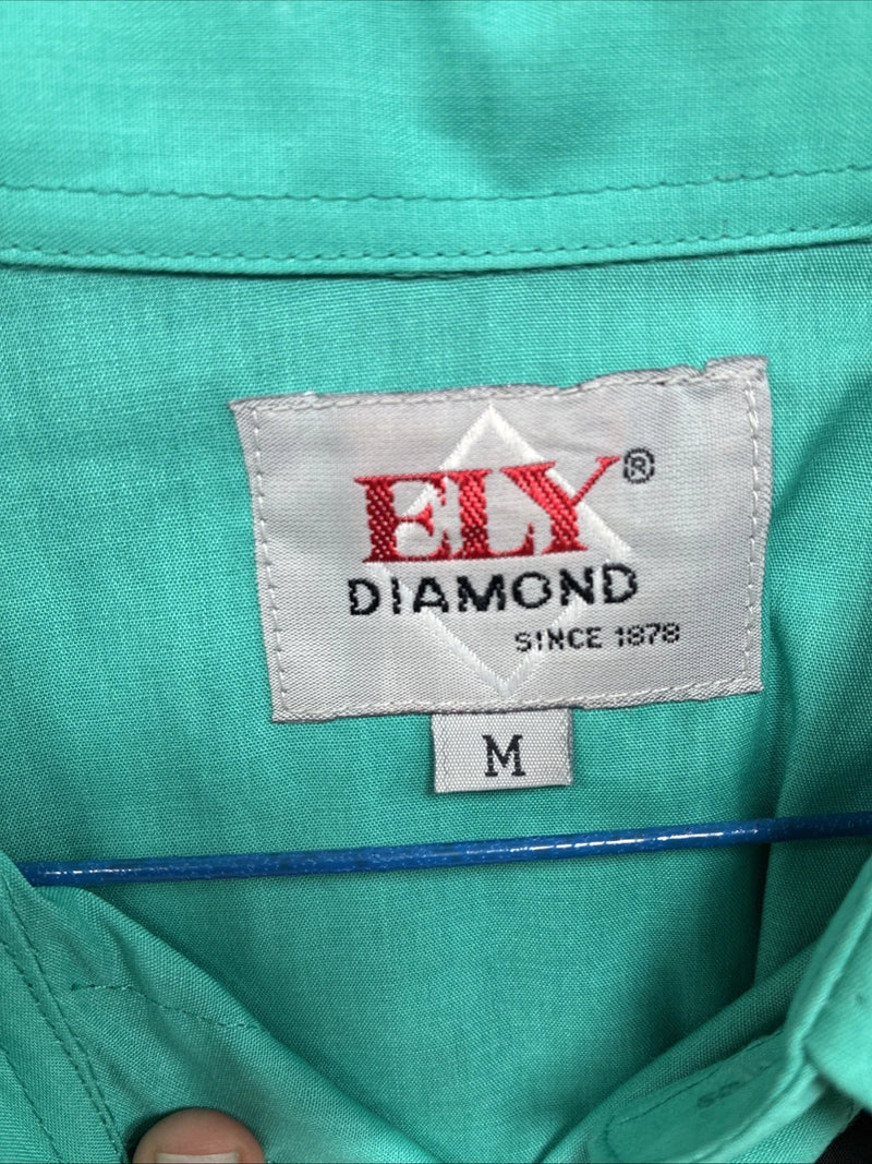 New Men’s ELY Diamond Teal Black Embroidered Long Sleeve Pearl Snap Medium K-32
