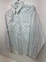New Women’s White Horse White Blue Stripe Long Sleeve Pearl Snap Large YY-125