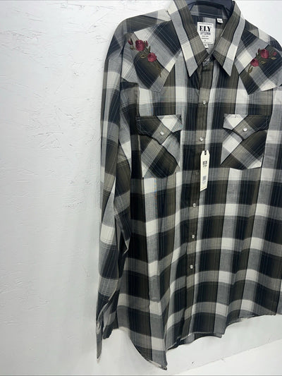 New Men’s Green Plaid Rose ELY cattleman Pearl Snap Long Sleeve Shirt. XXL G-66