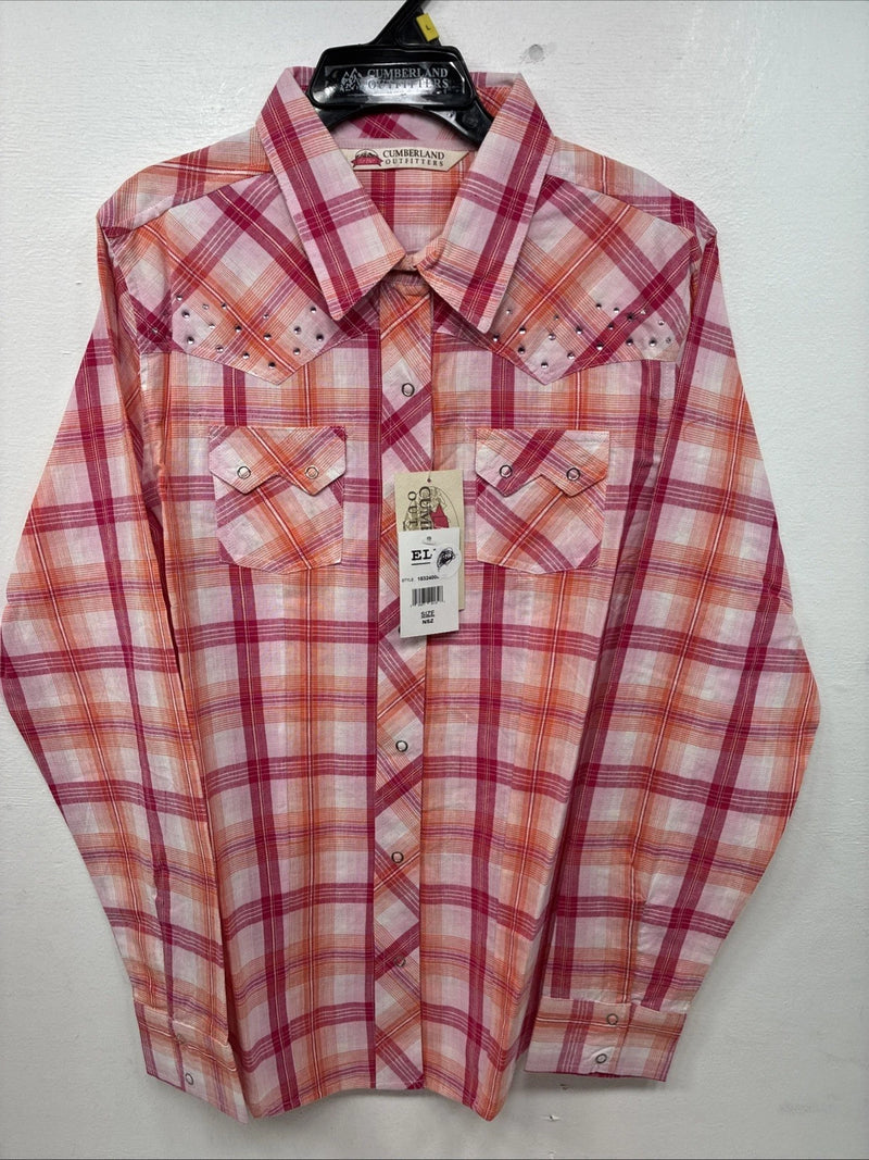 New Women’s Cumberland Pink Orange Plaid Long Sleeve Pearl Snap Large II-106