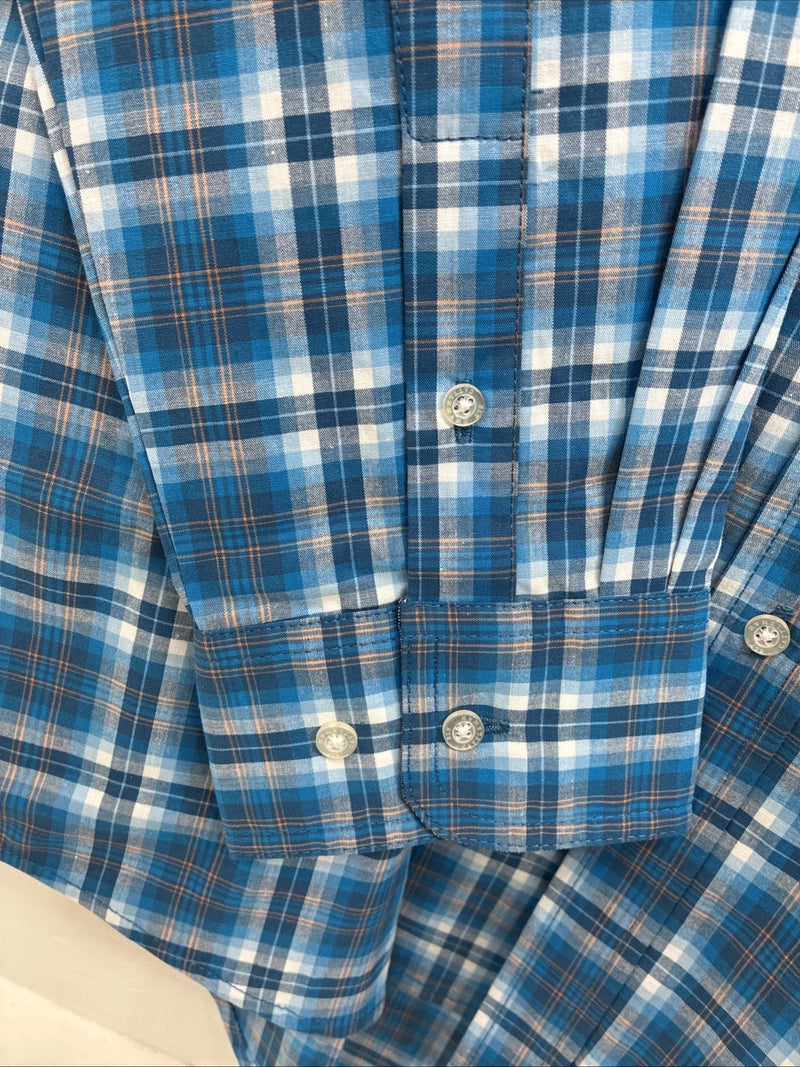 New Men’s ELY Cattleman Blue Plaid Long Sleeve Pearl Button Up Large CC-19
