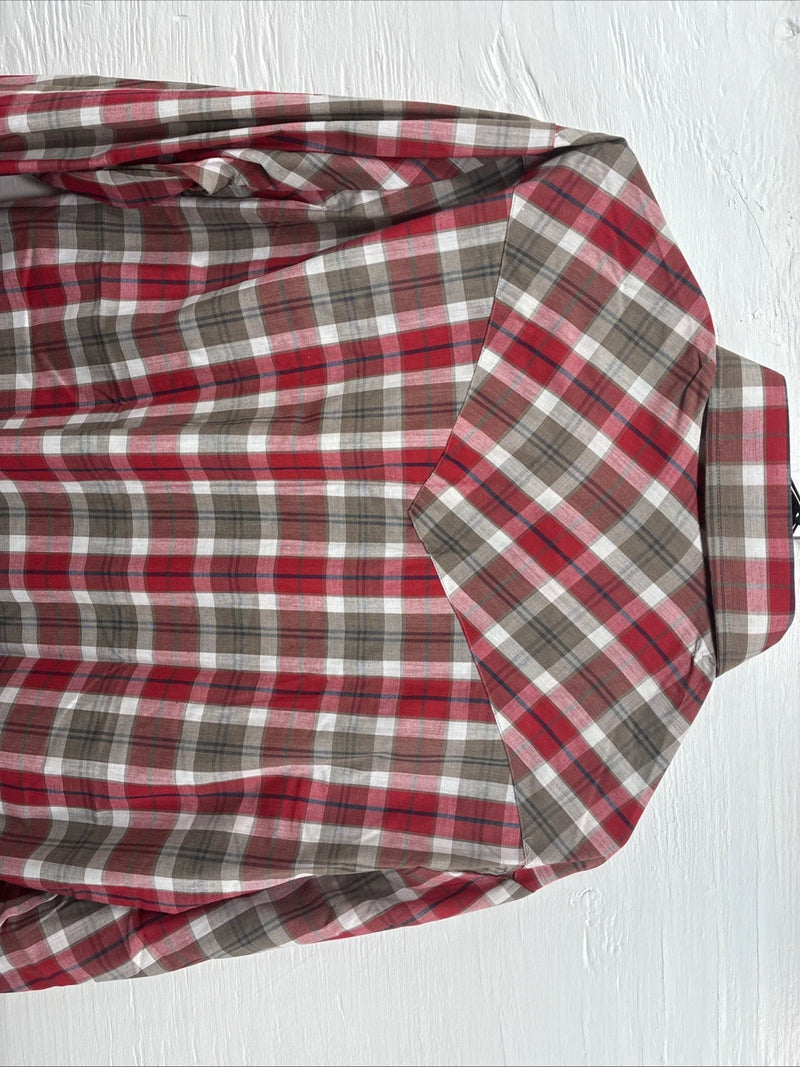 New Men’s ELY Plains Red Brown Plaid Long Sleeve Pearl Snap 16.5 Large M-66