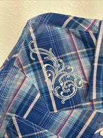 New Women’s Cumberland Blue Purple Plaid Long Sleeve Pearl Snap Medium KK-96