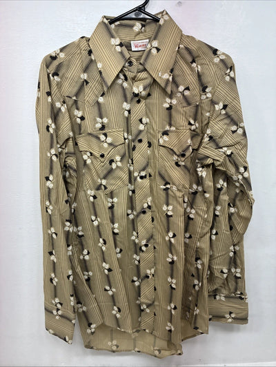 New Men’s ELY Plains Tan Black Floral Long Sleeve Pearl Snap 15.5 Large LL-91