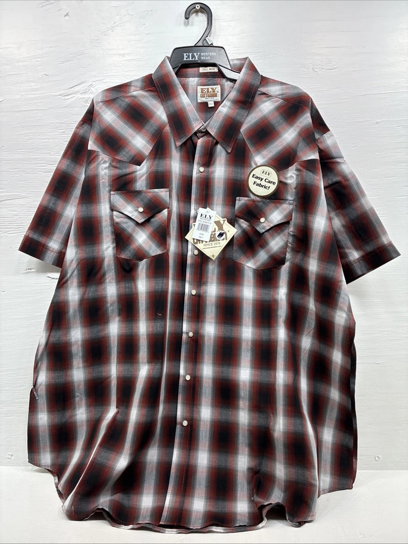 New Men’s ELY Cattleman Orange Red Flannel Short Sleeve Pearl Snap 4XL E-65