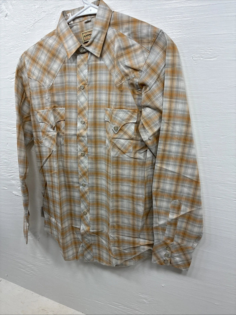 New Youths Karman Orange Gray Plaid Long Sleeve Pearl Snap Size 16 CC-66