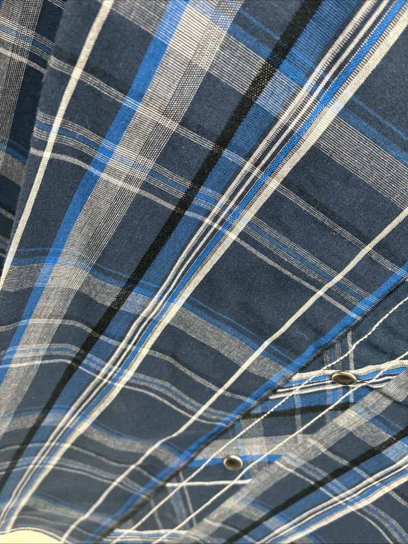 New Men’s ELY 1878 Blue Gray Plaid Short Sleeve Pearl Snap XL O-71