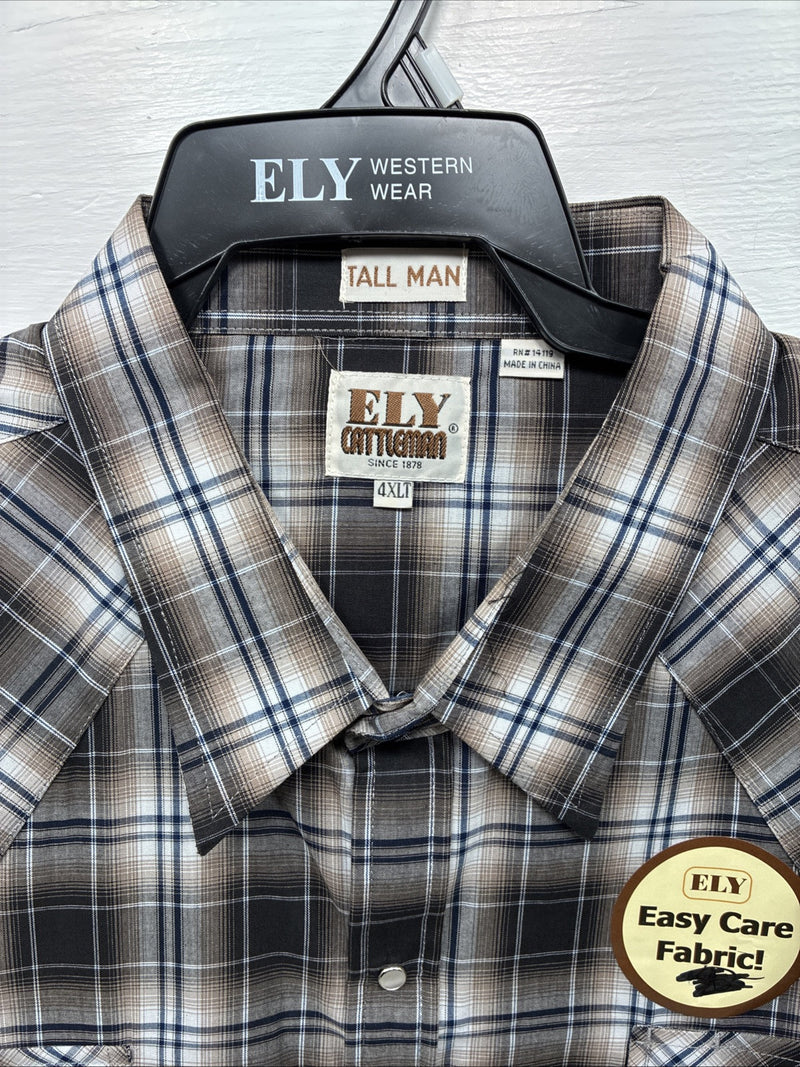 New Men’s ELY Cattleman Brown Flannel Long Sleeve Pearl Snap 4XL E-81