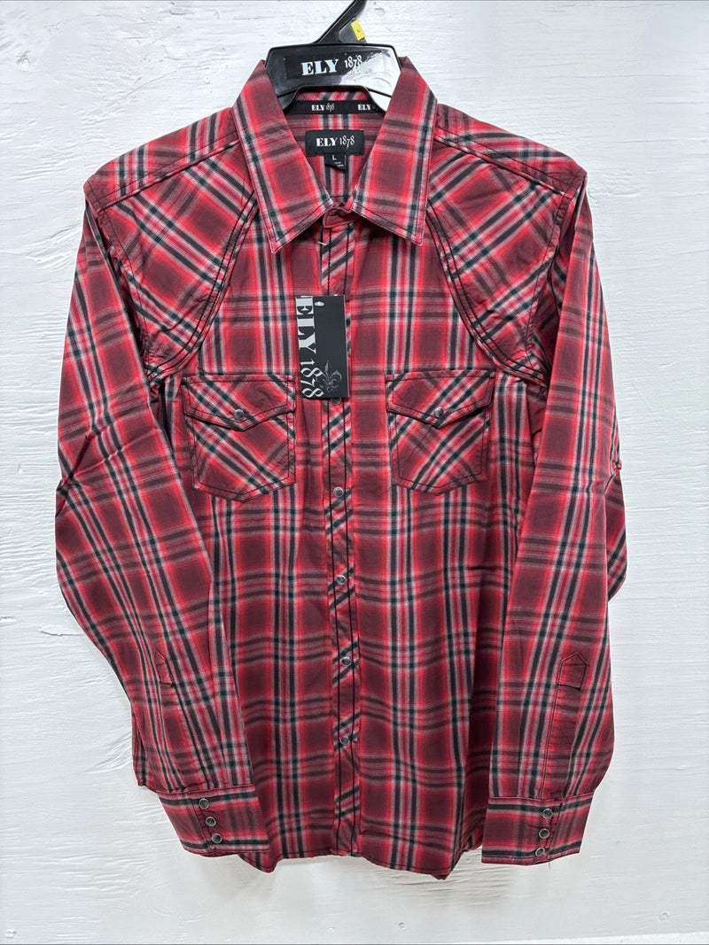 New Men’s ELY 1878 Red Black Plaid Long Sleeve Pearl Snap Large Q-69