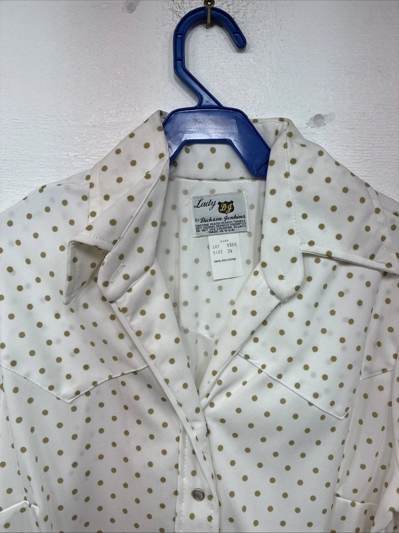 New Women’s Lady DJ White Brown Polkadot Long Sleeve Pearl Snap Size 34 YY-114