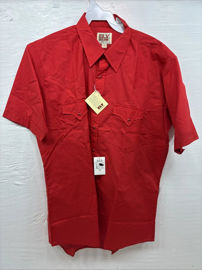 New Men’s ELY Cattleman Red Short Sleeve Pearl Snap 16 Large CC-13