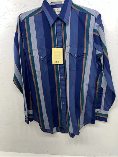 New Men’s Blue ELY Cattleman Pearl Snap Long Sleeve Shirt. 16x35 Large P-57