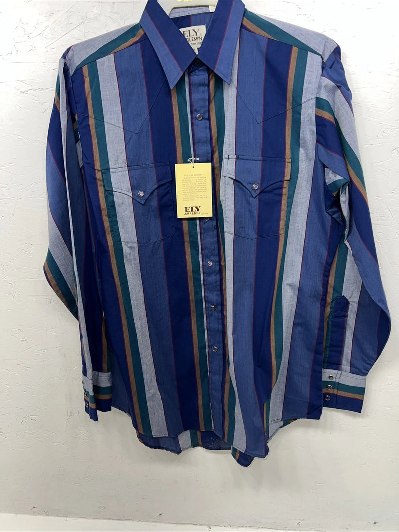 New Men’s Blue ELY Cattleman Pearl Snap Long Sleeve Shirt. 16x35 Large P-57