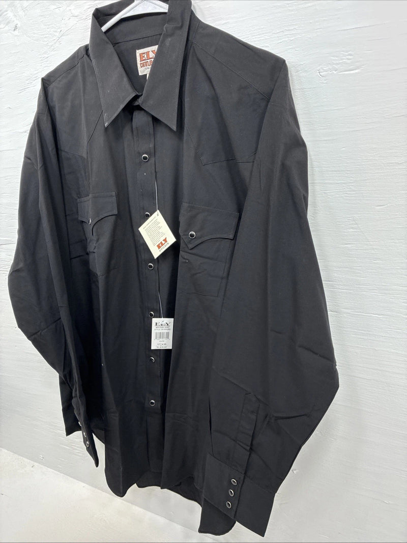 New Men’s ELY Cattleman Black Simple Long Sleeve Pearl Snap 17.5 X 35 XL J-29