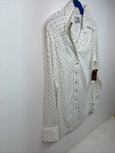 New Women’s Lady DJ White Brown Polkadot Long Sleeve Pearl Snap Size 34 YY-114