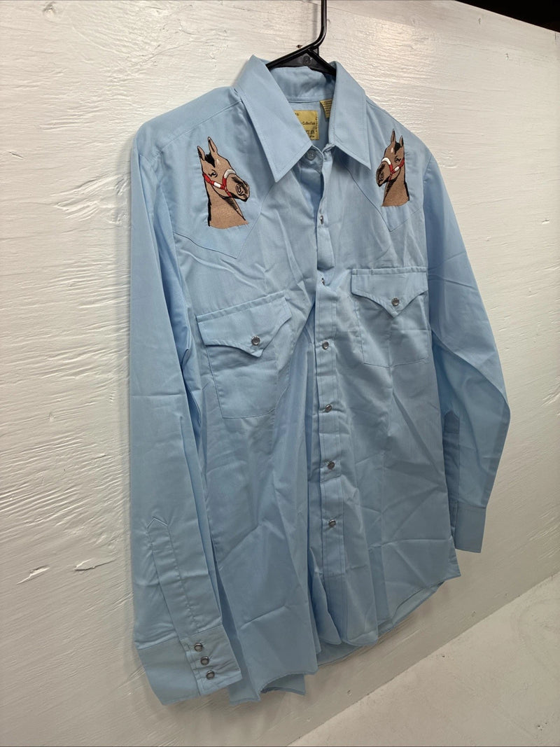 New Men’s ELY Wildlife Blue Horse Design Long Sleeve Pearl Snap Small AA-8