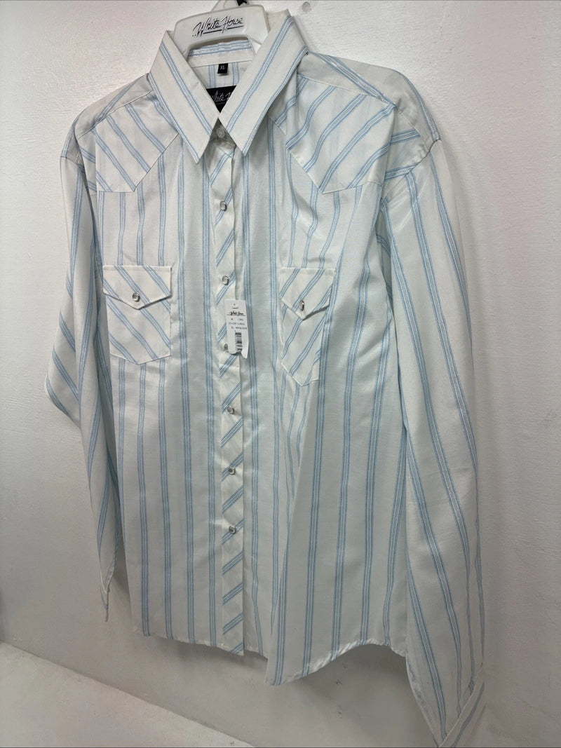 New Women’s White Horse White Blue Stripe Long Sleeve Pearl Snap XL GG-71