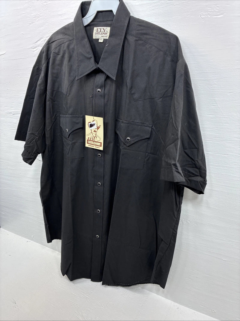 New Men’s ELY Cattleman Black Western Short Sleeve Pearl Snap 18.5 2XL E-48