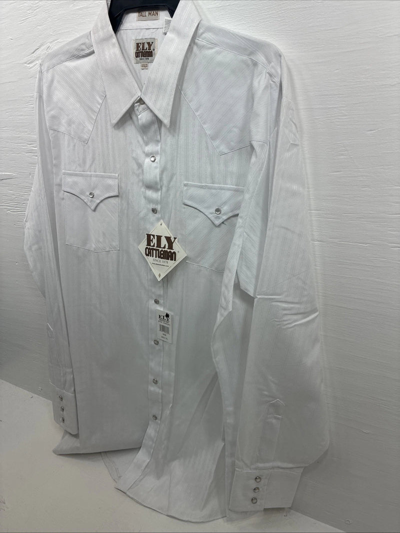 New Men’s ELY Cattleman White Long Sleeve Stripe Pearl Snap 2XL F-58