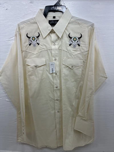 New Men’s White Horse Yellow Bull Design Long Sleeve Pearl Snap Large CC-33