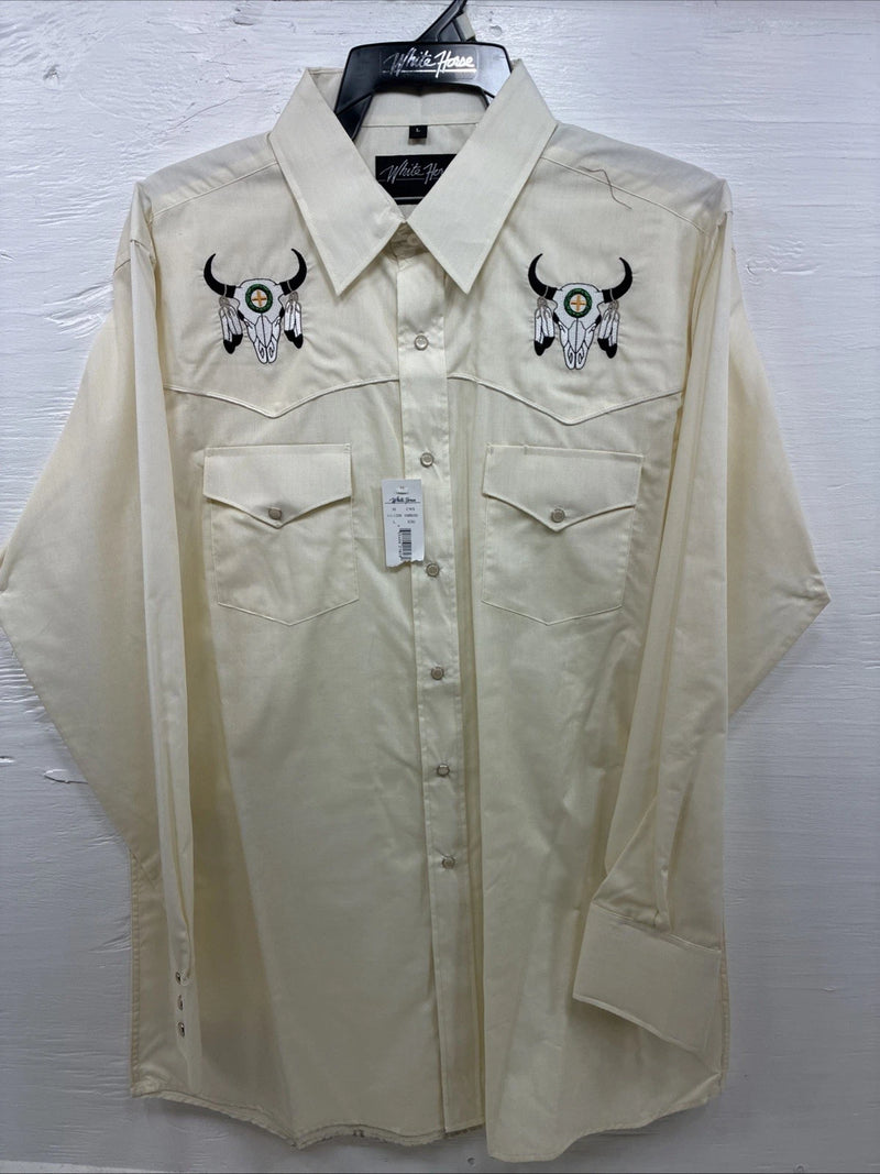 New Men’s White Horse Yellow Bull Design Long Sleeve Pearl Snap Large CC-33