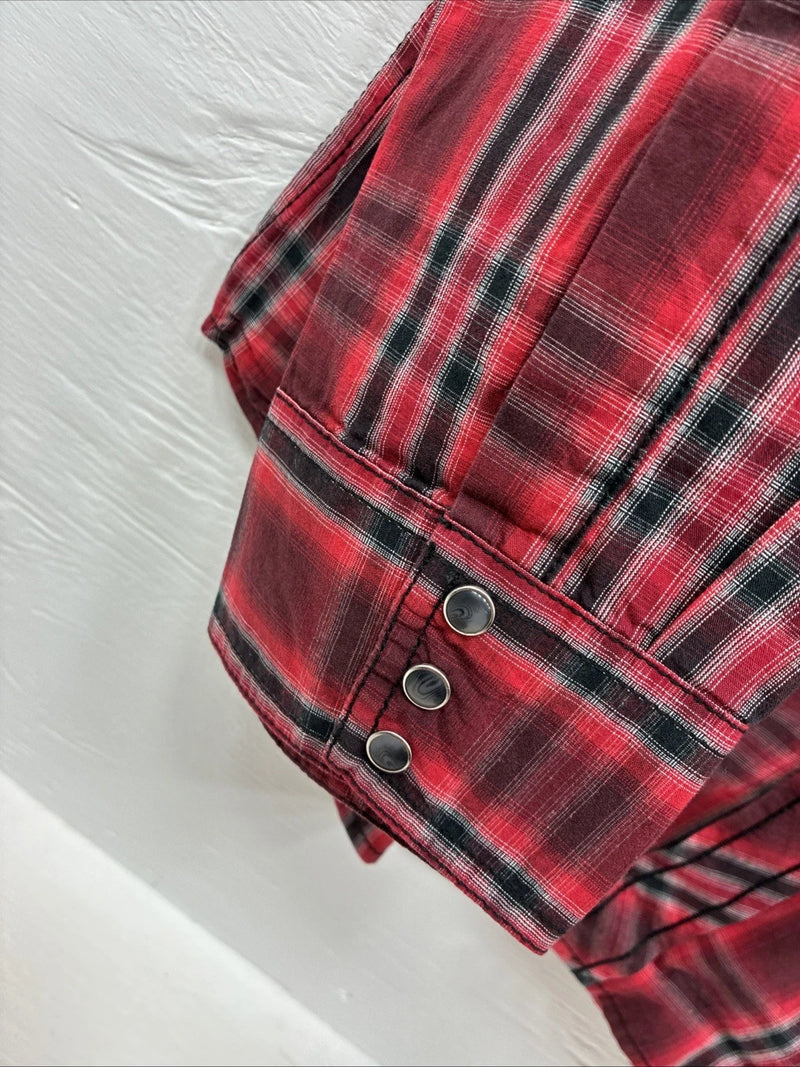 New Men’s ELY 1878 Red Black Plaid Long Sleeve Pearl Snap Large Q-69