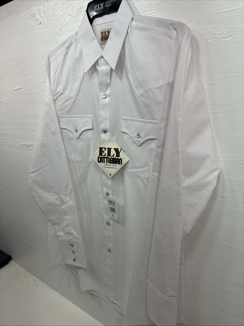 New Men’s ELY Cattleman Simple White Long Sleeve Pearl Snap 15.5 Medium K-56