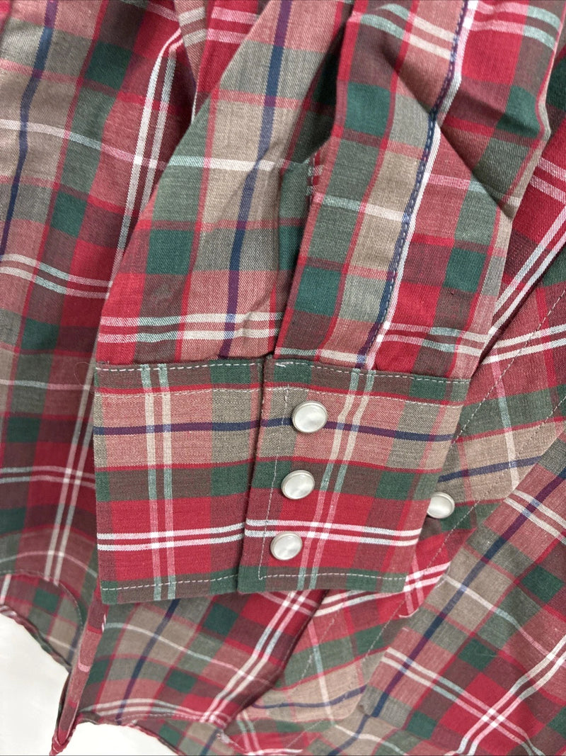 New Men’s ELY Plains Red Plaid Long Sleeve Pearl Snap 14.5 X 33 Small AA-94