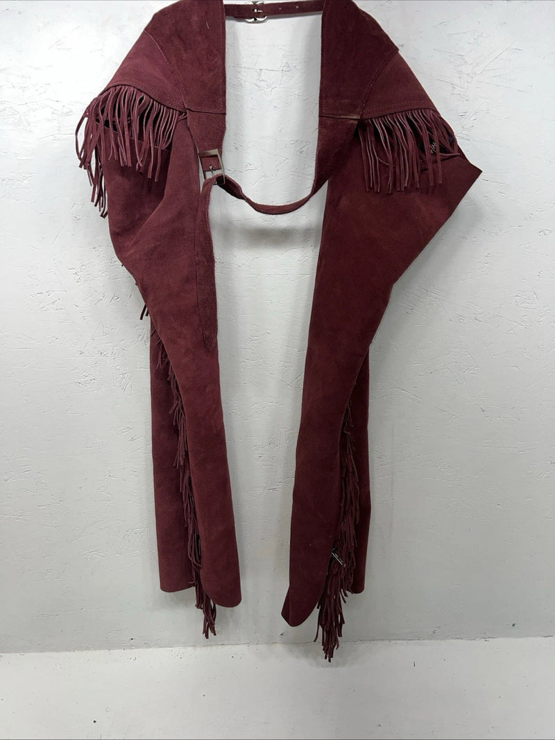 New Burgundy Congress Leather Show Chaps With Fringe Adjustable Waist 42” L N-41