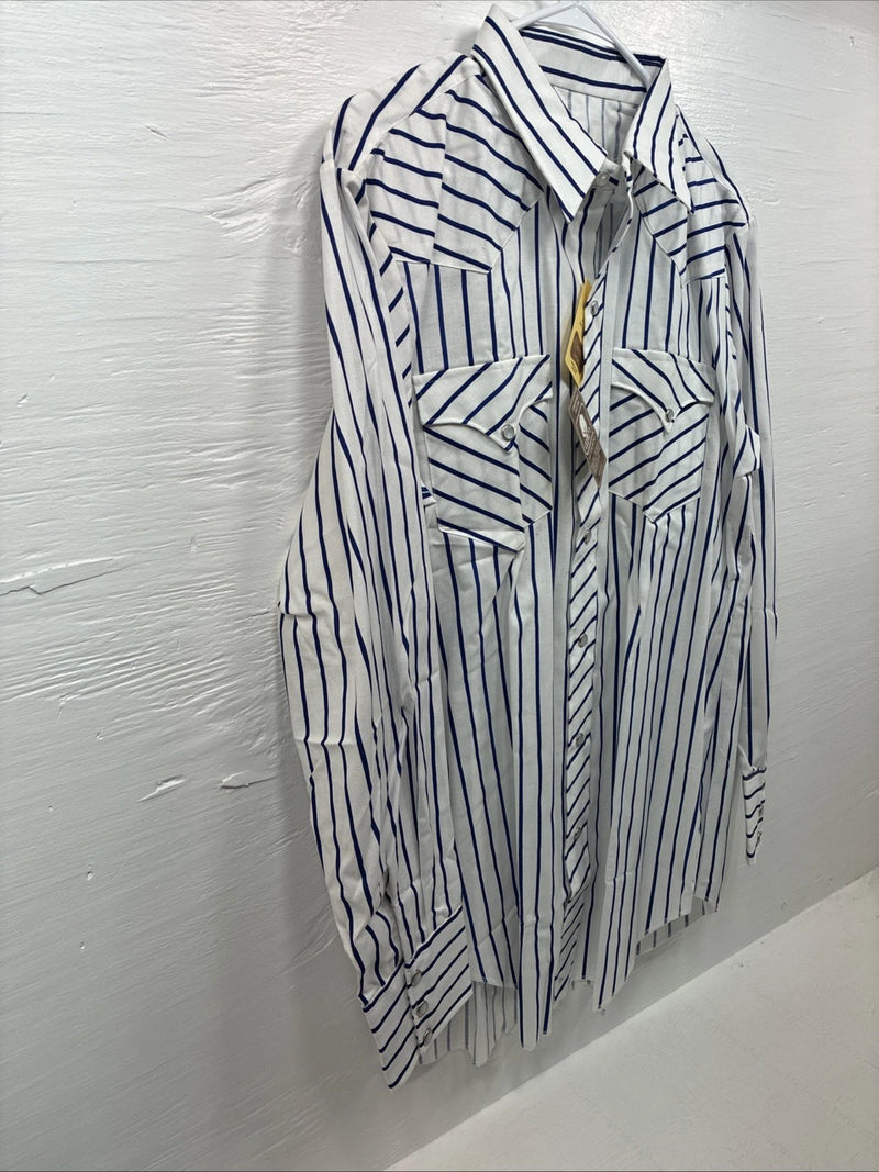 New Men’s H Bar C White Blue Stripe Long Sleeve Pearl Snap 16.5 X 34 Large Q-103