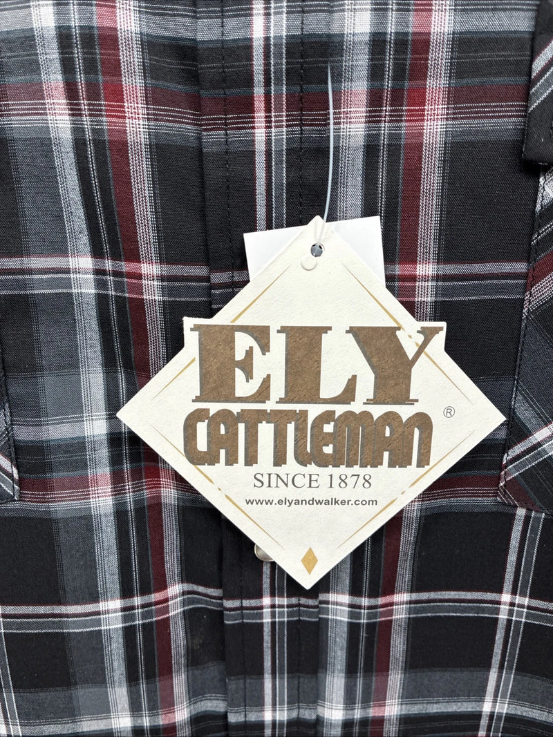 New Men’s ELY Cattleman Black Red Flannel Long Sleeve Pearl Snap 2XL F-93