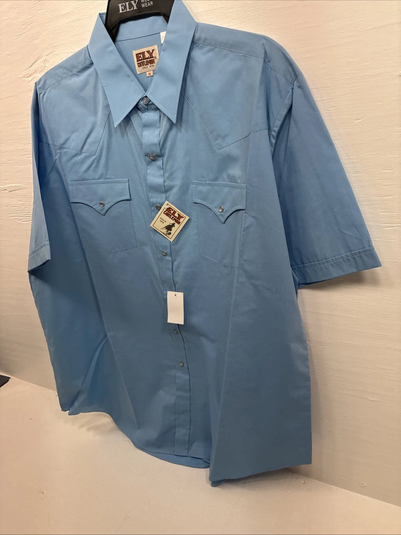 New Men’s ELY Cattleman Blue Short Sleeve Simple Pearl Snap 18 2XL F-81