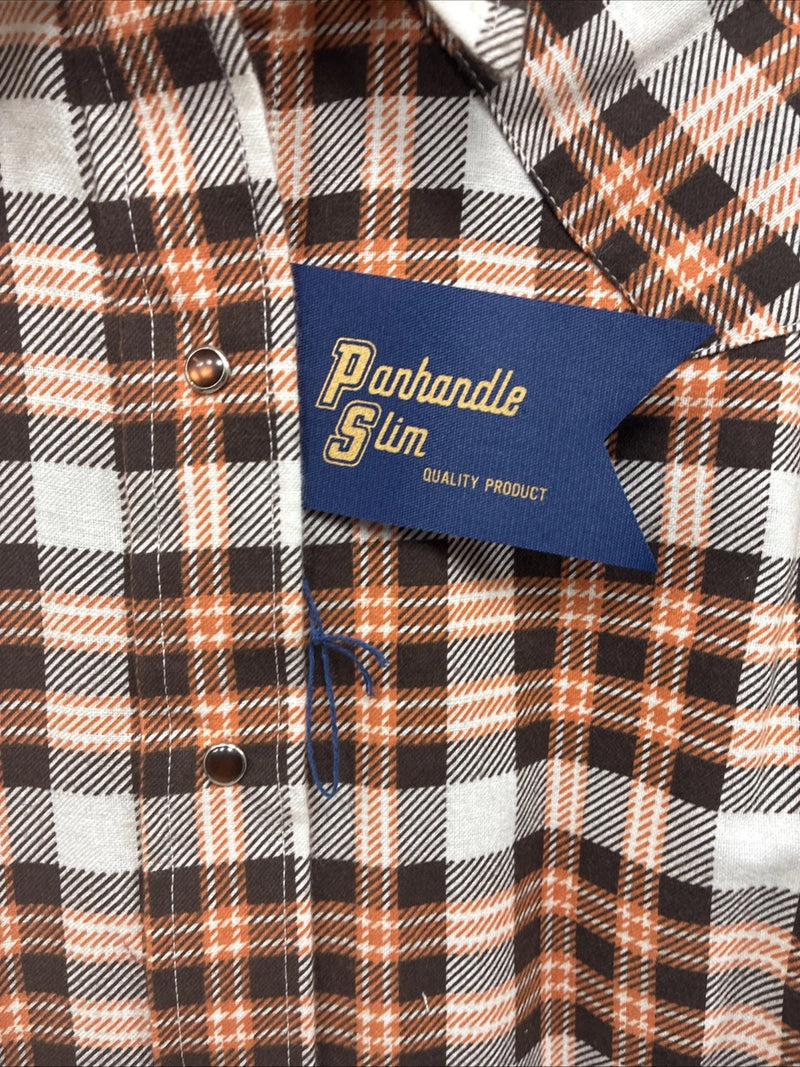 New Men’s Panhandle Slim Orange Brown Plaid Long Sleeve Pearl Snap Small J-65