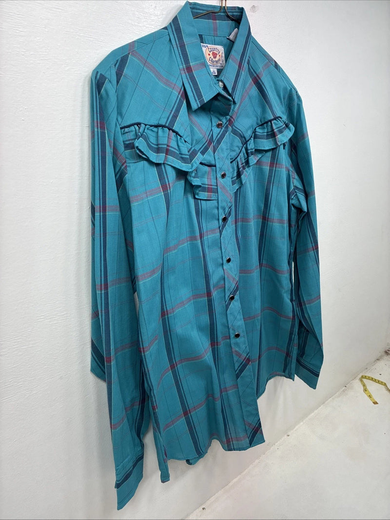 New Women’s Country Charmers Blue Plaid Long Sleeve Pearl Snap Size Large YY-117