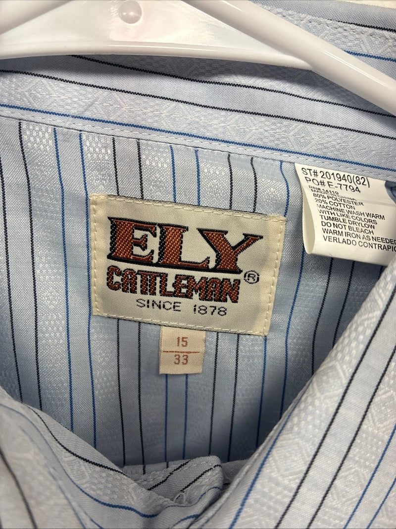 New Men’s ELY Cattleman Blue Stripe Long Sleeve Pearl Snap 15 Medium AA-72