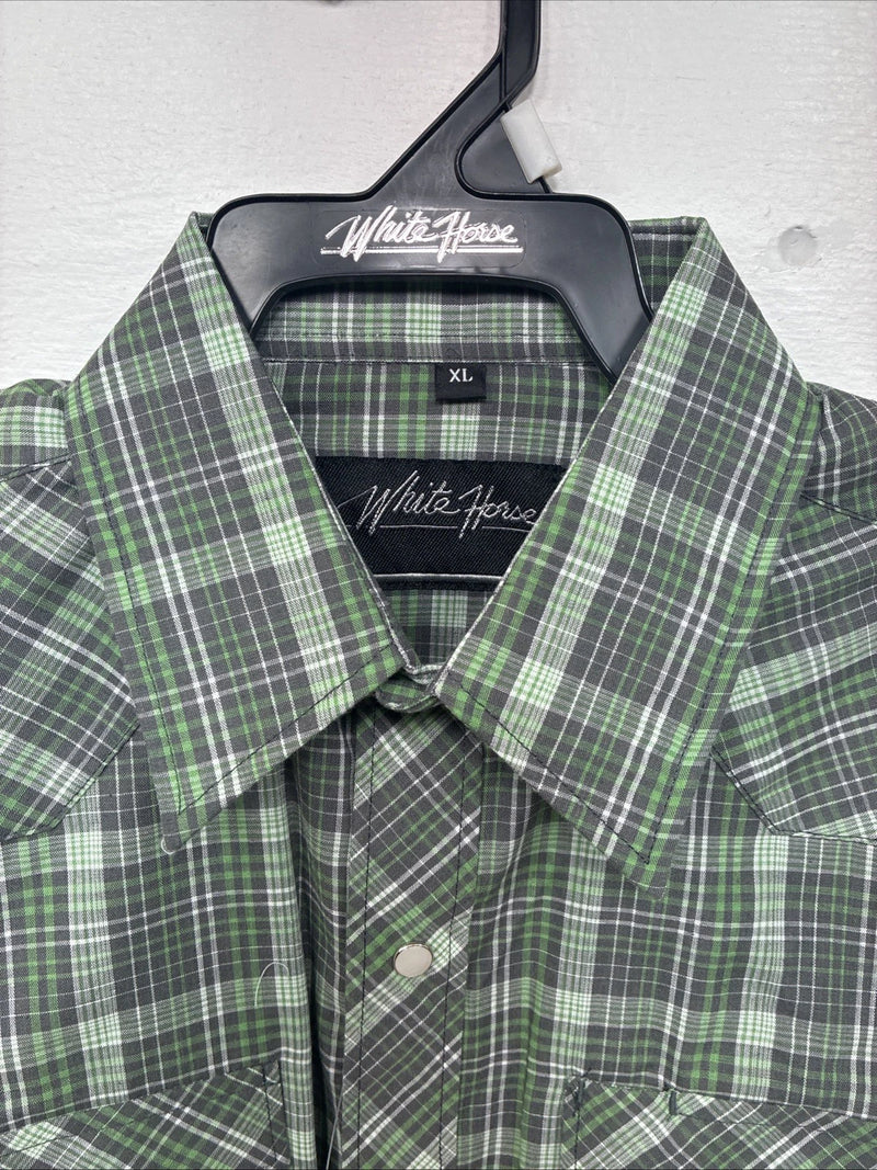 New Kids White Horse Green Plaid Long Sleeve Pearl Snap XL DD-59 