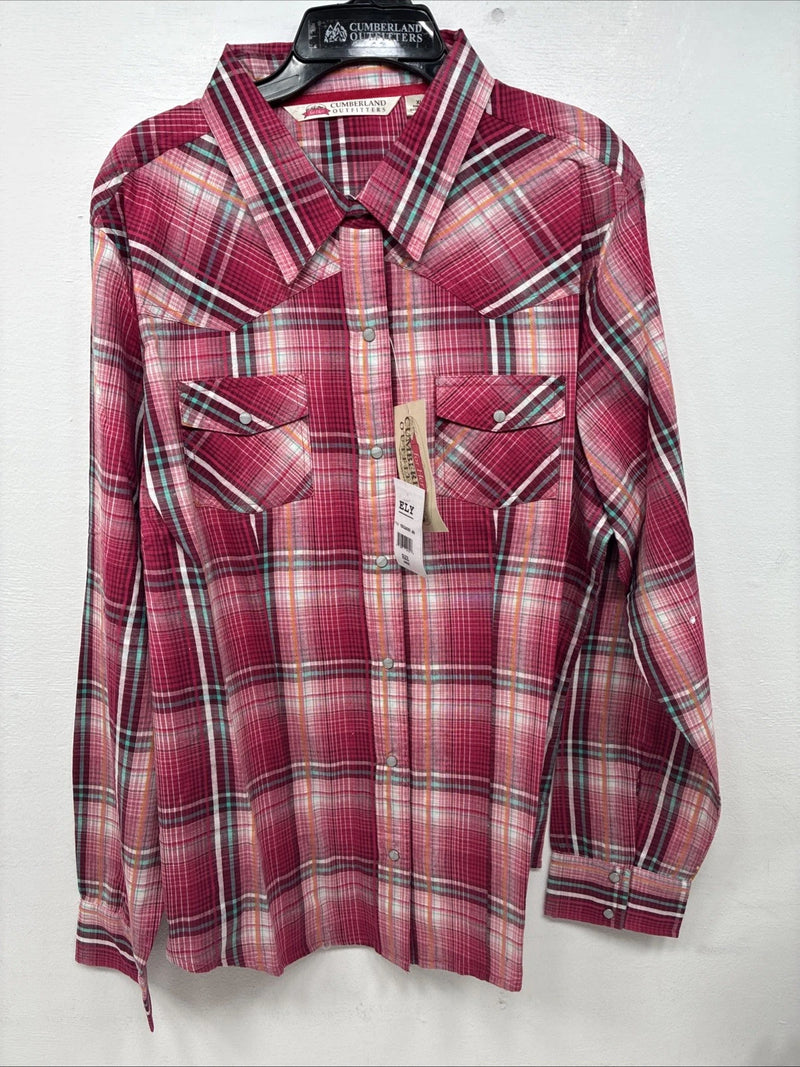 New Women’s Cumberland Pink Plaid Long Sleeve Pearl Snap XL GG-56