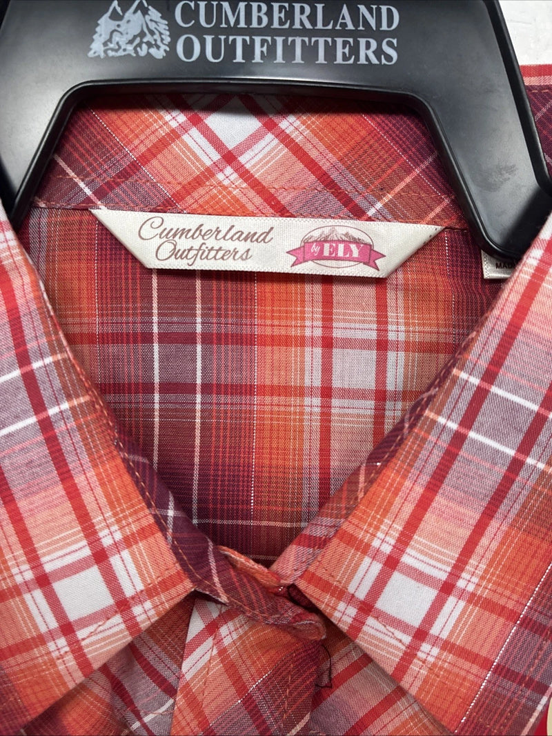 New Women’s Cumberland Pink orange Plaid Long Sleeve Pearl Snap XL GG-61