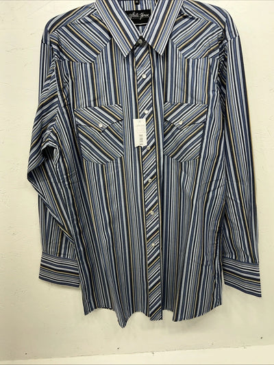 New Men’s Blue White House Long Sleeve Pearl Snap Shirt. XL S-25