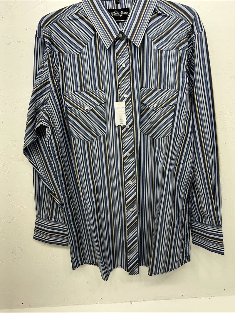 New Men’s Blue White House Long Sleeve Pearl Snap Shirt. XL S-25