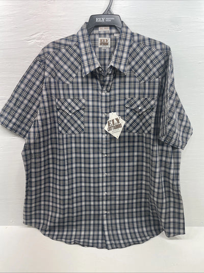 New Men’s ELY cattleman Blue Short Sleeve Pearl Snap 3XL E-27