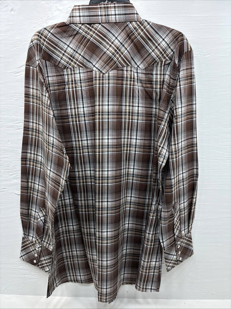 New Men’s White Horse Brown Plaid Long Sleeve Pearl Snap XL H-81