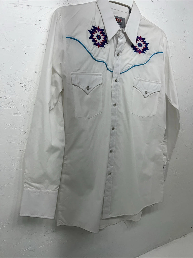 New Men’s ELY Diamond White Long Sleeve Pearl Snap Small A-203