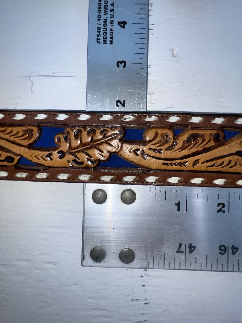 New Blue Genuine Leather Longhorn Tooled 32” Belt #82829 JJ-39