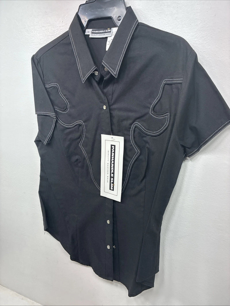 New Women’s Panhandle Slim Black Short Sleeve Pearl Snap Medium KK-106