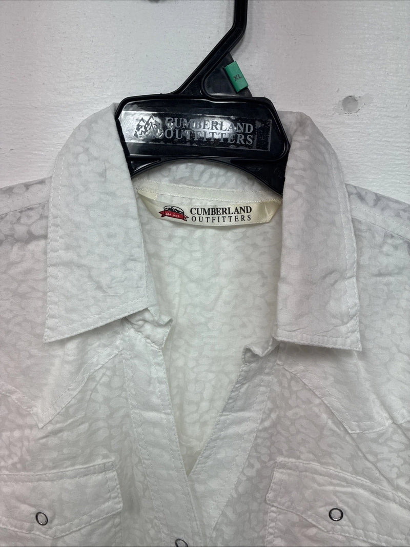 New Women’s Cumberland White Cheetah Print Long Sleeve Pearl Snap XL GG-83