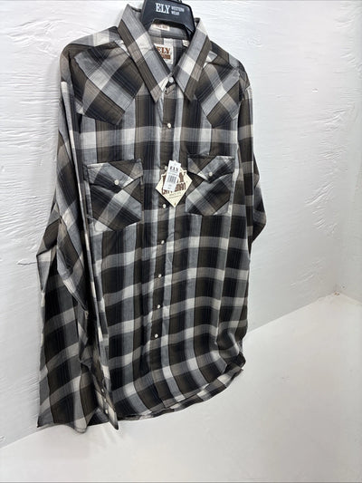 New Men’s ELY Cattleman Brown Flannel Long Sleeve Pearl Snap 2XL F-92