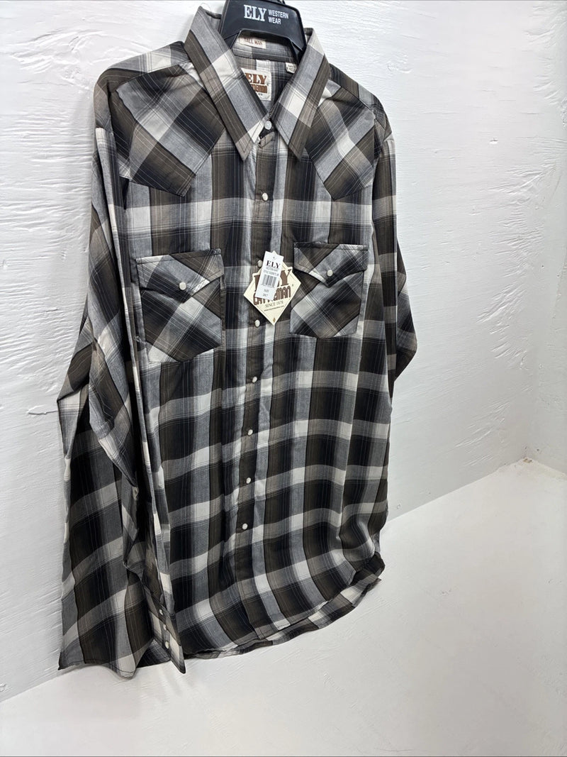 New Men’s ELY Cattleman Brown Flannel Long Sleeve Pearl Snap 2XL F-92